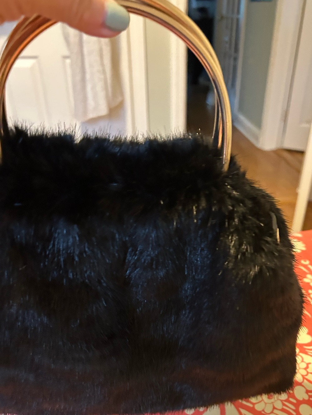 Faux Fur Top-Handle Evening Bag in Black